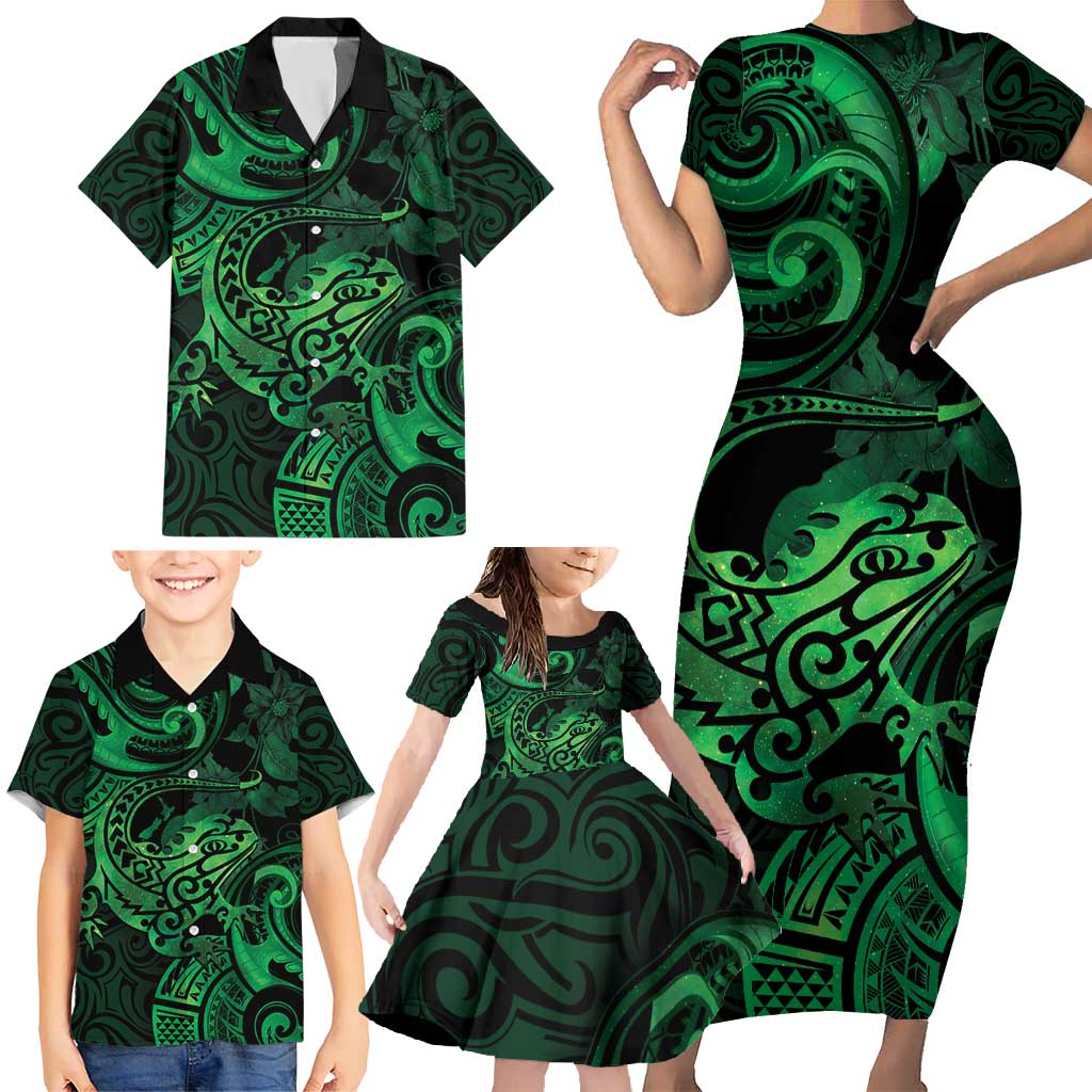 New Zealand Tuatara Family Matching Short Sleeve Bodycon Dress and Hawaiian Shirt Aotearoa Maori Clematis Flowers - Green LT14 - Polynesian Pride
