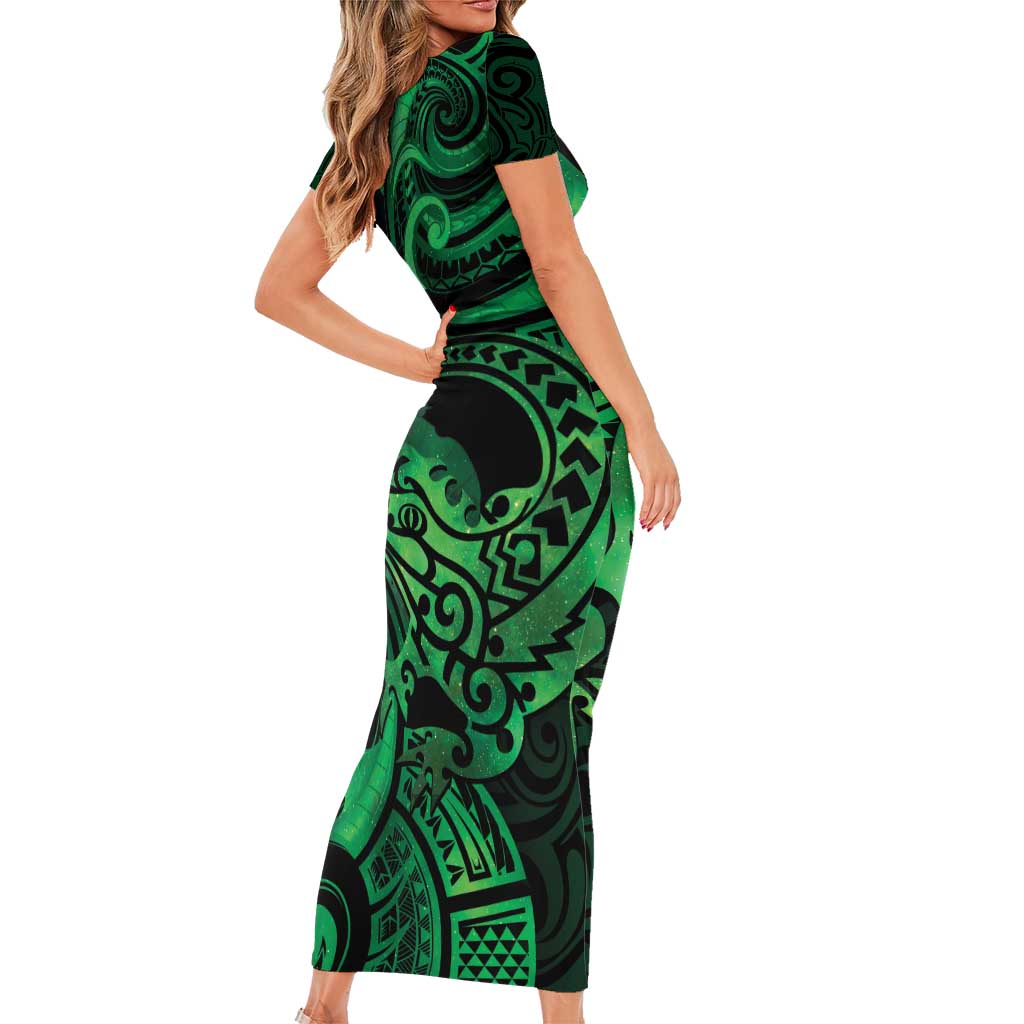 New Zealand Tuatara Family Matching Short Sleeve Bodycon Dress and Hawaiian Shirt Aotearoa Maori Clematis Flowers - Green LT14 - Polynesian Pride