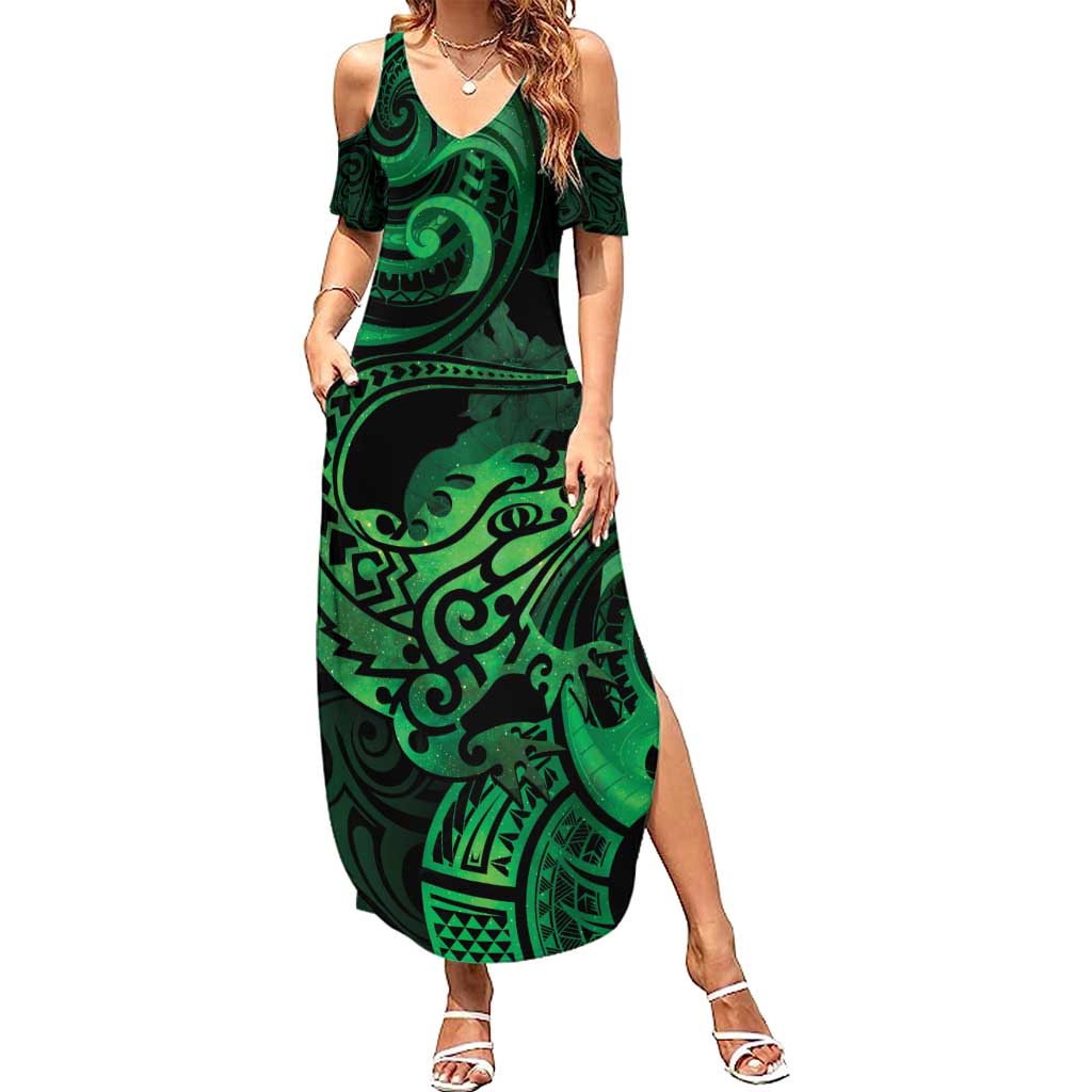 New Zealand Tuatara Family Matching Summer Maxi Dress and Hawaiian Shirt Aotearoa Maori Clematis Flowers - Green LT14 Mom's Dress Green - Polynesian Pride