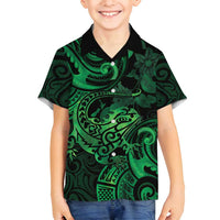 New Zealand Tuatara Family Matching Summer Maxi Dress and Hawaiian Shirt Aotearoa Maori Clematis Flowers - Green LT14 Son's Shirt Green - Polynesian Pride
