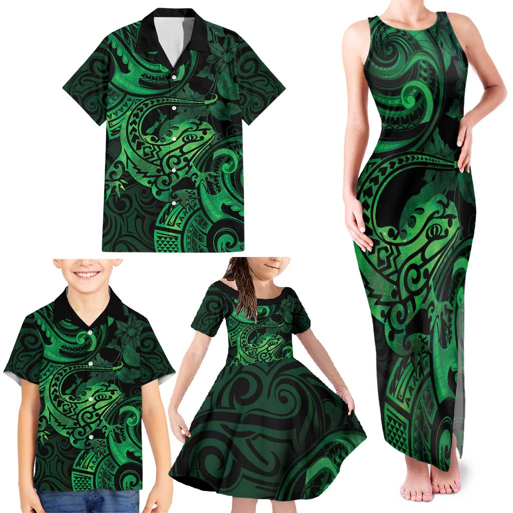 New Zealand Tuatara Family Matching Tank Maxi Dress and Hawaiian Shirt Aotearoa Maori Clematis Flowers - Green LT14 - Polynesian Pride