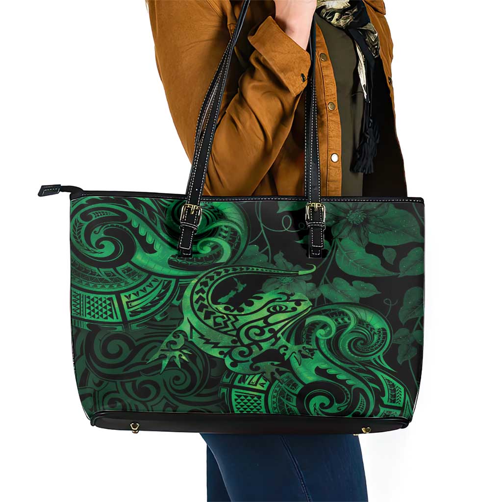 New Zealand Tuatara Leather Tote Bag Aotearoa Maori Clematis Flowers - Green LT14 - Polynesian Pride