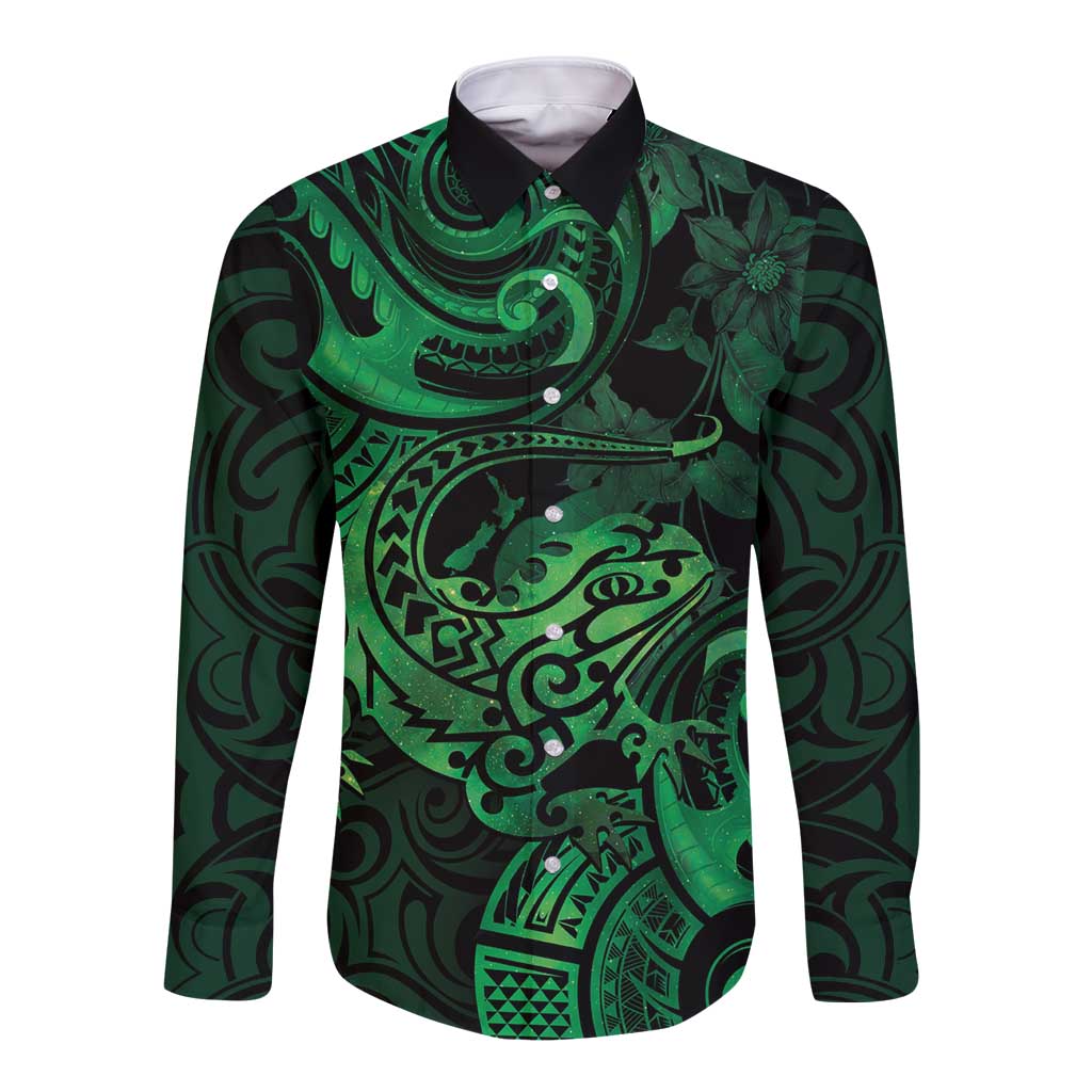 New Zealand Tuatara Long Sleeve Button Shirt Aotearoa Maori Clematis Flowers - Green LT14 Unisex Green - Polynesian Pride