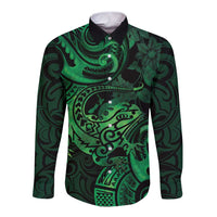 New Zealand Tuatara Long Sleeve Button Shirt Aotearoa Maori Clematis Flowers - Green LT14 Unisex Green - Polynesian Pride