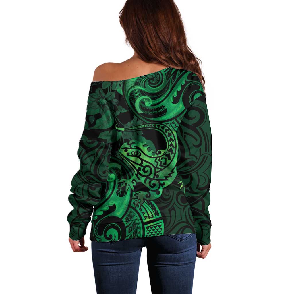 New Zealand Tuatara Off Shoulder Sweater Aotearoa Maori Clematis Flowers - Green