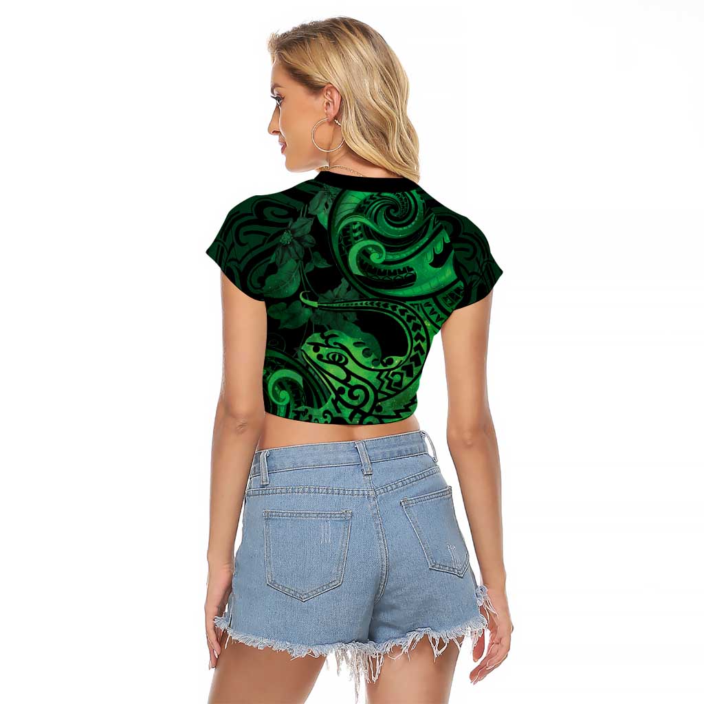 New Zealand Tuatara Raglan Cropped T Shirt Aotearoa Maori Clematis Flowers - Green LT14 - Polynesian Pride