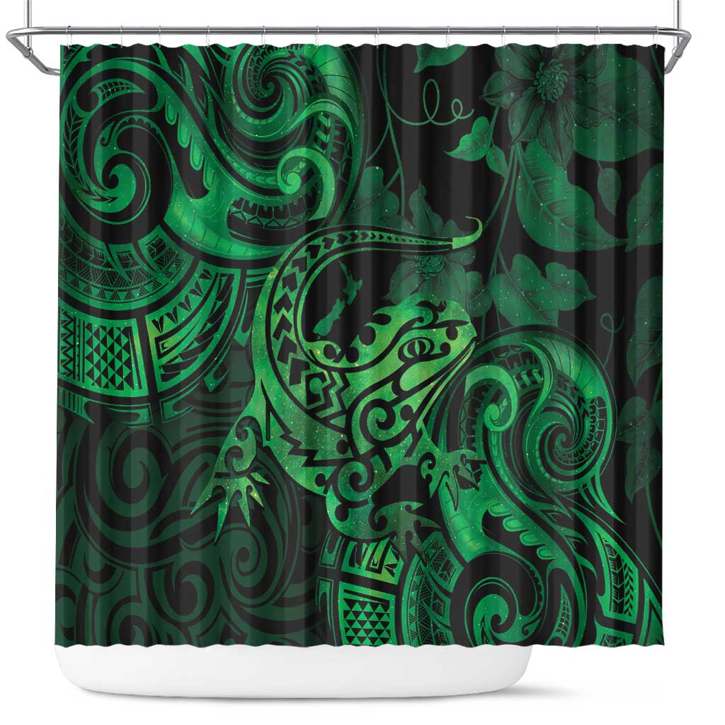 New Zealand Tuatara Shower Curtain Aotearoa Maori Clematis Flowers - Green