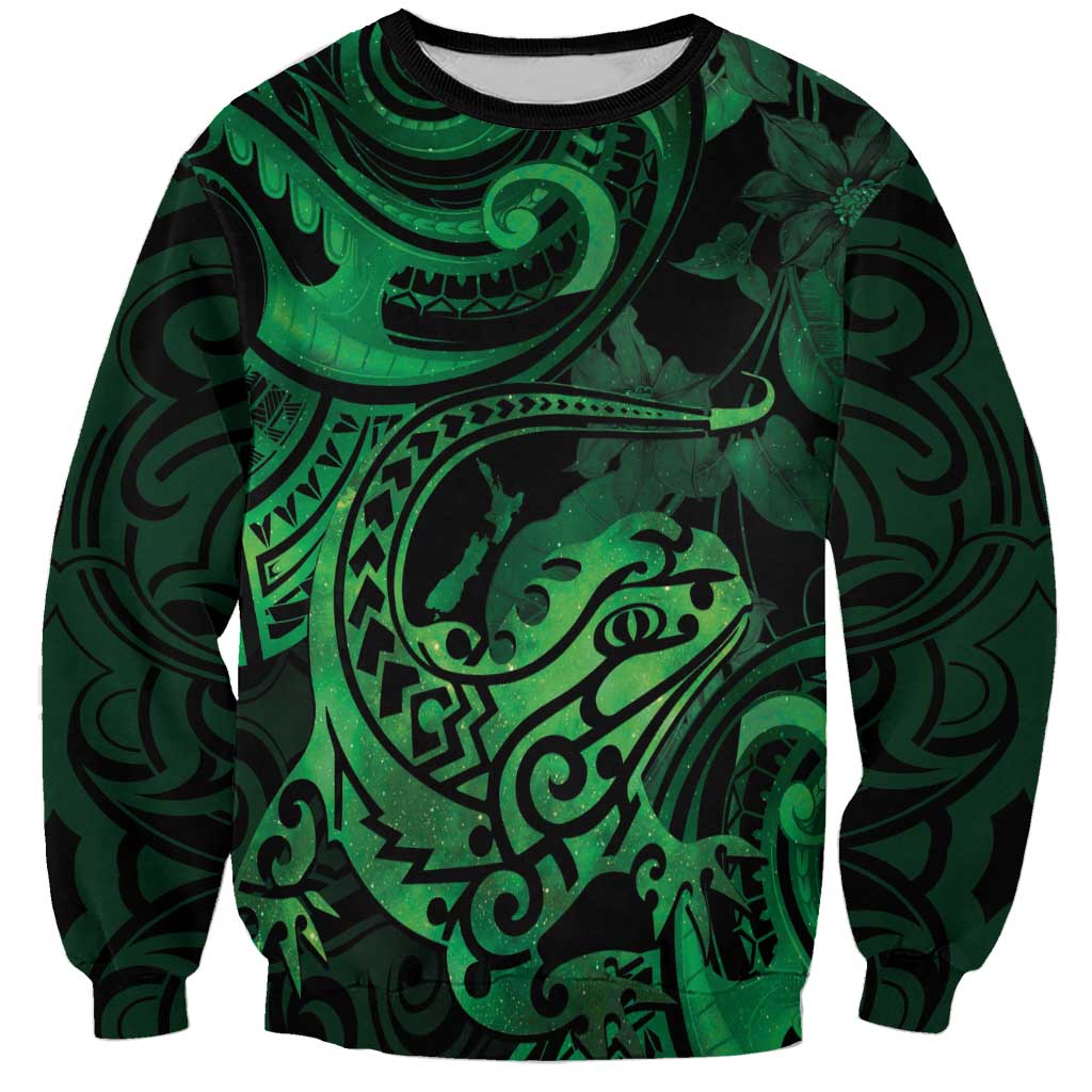 New Zealand Tuatara Sweatshirt Aotearoa Maori Clematis Flowers - Green LT14 Unisex Green - Polynesian Pride