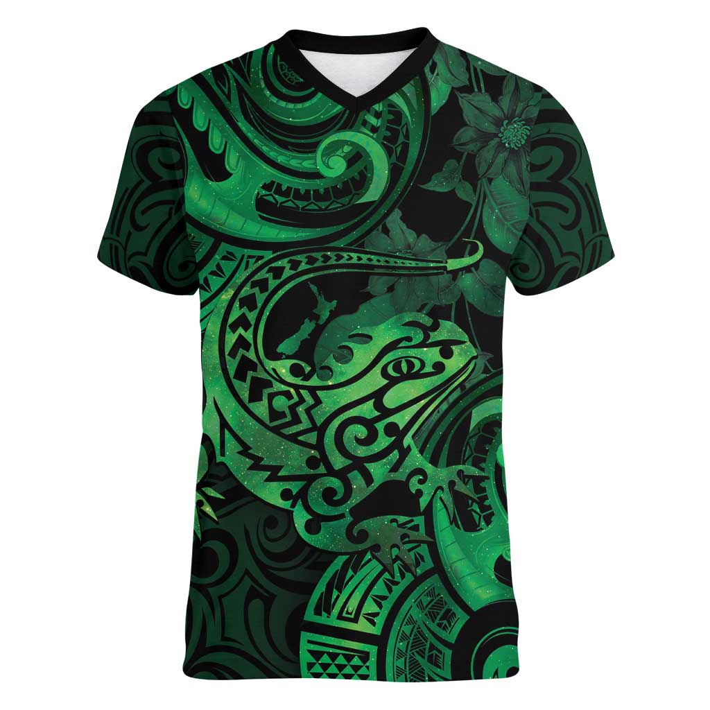 New Zealand Tuatara Women V-Neck T-Shirt Aotearoa Maori Clematis Flowers - Green LT14 Female Green - Polynesian Pride