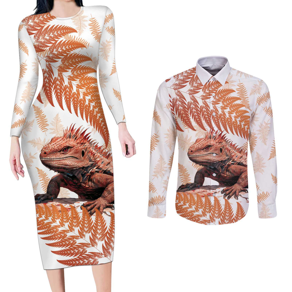 Red New Zealand Tuatara Couples Matching Long Sleeve Bodycon Dress and Long Sleeve Button Shirt Aotearoa Sphenodon Punctatus Silver Fern