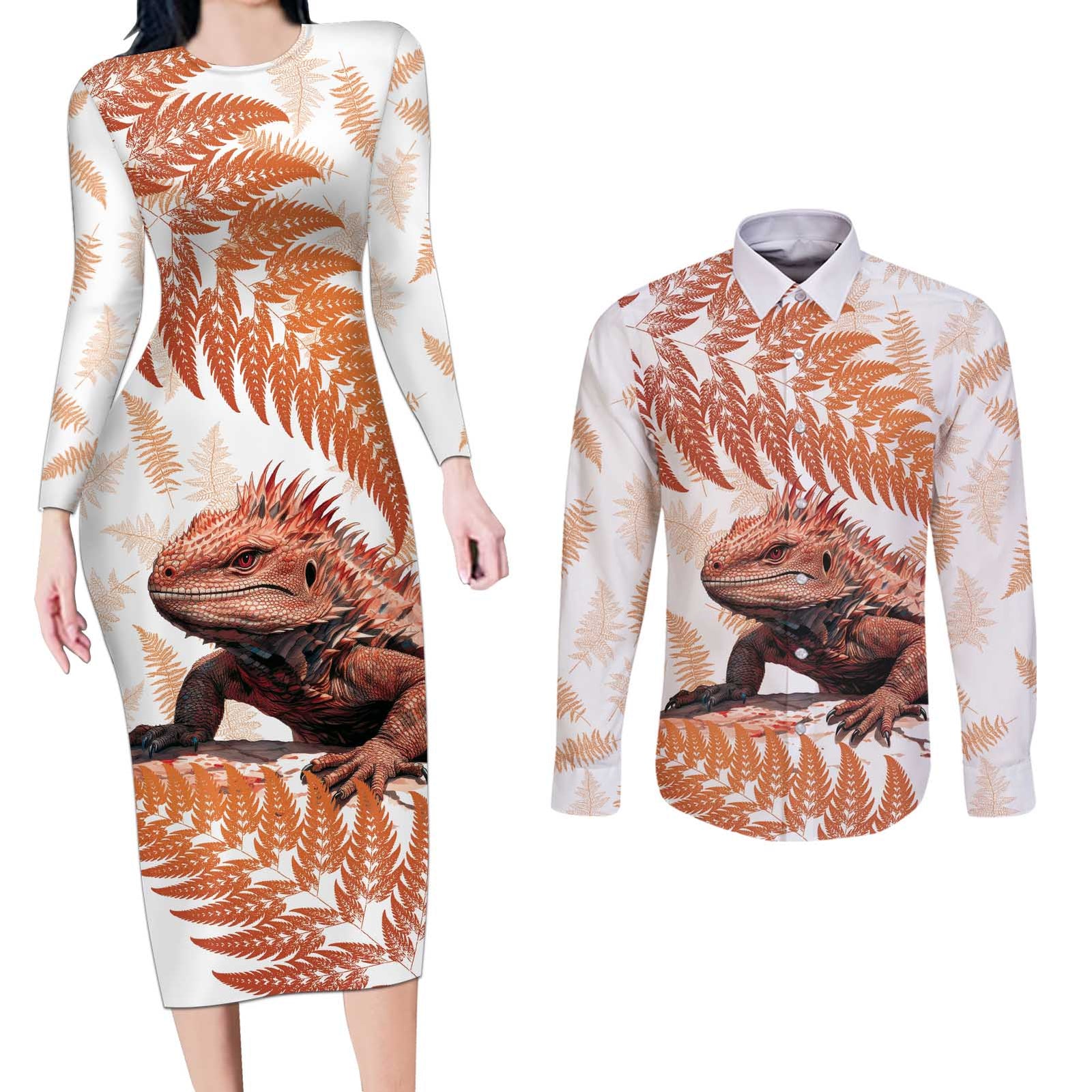 Red New Zealand Tuatara Couples Matching Long Sleeve Bodycon Dress and Long Sleeve Button Shirt Aotearoa Sphenodon Punctatus Silver Fern
