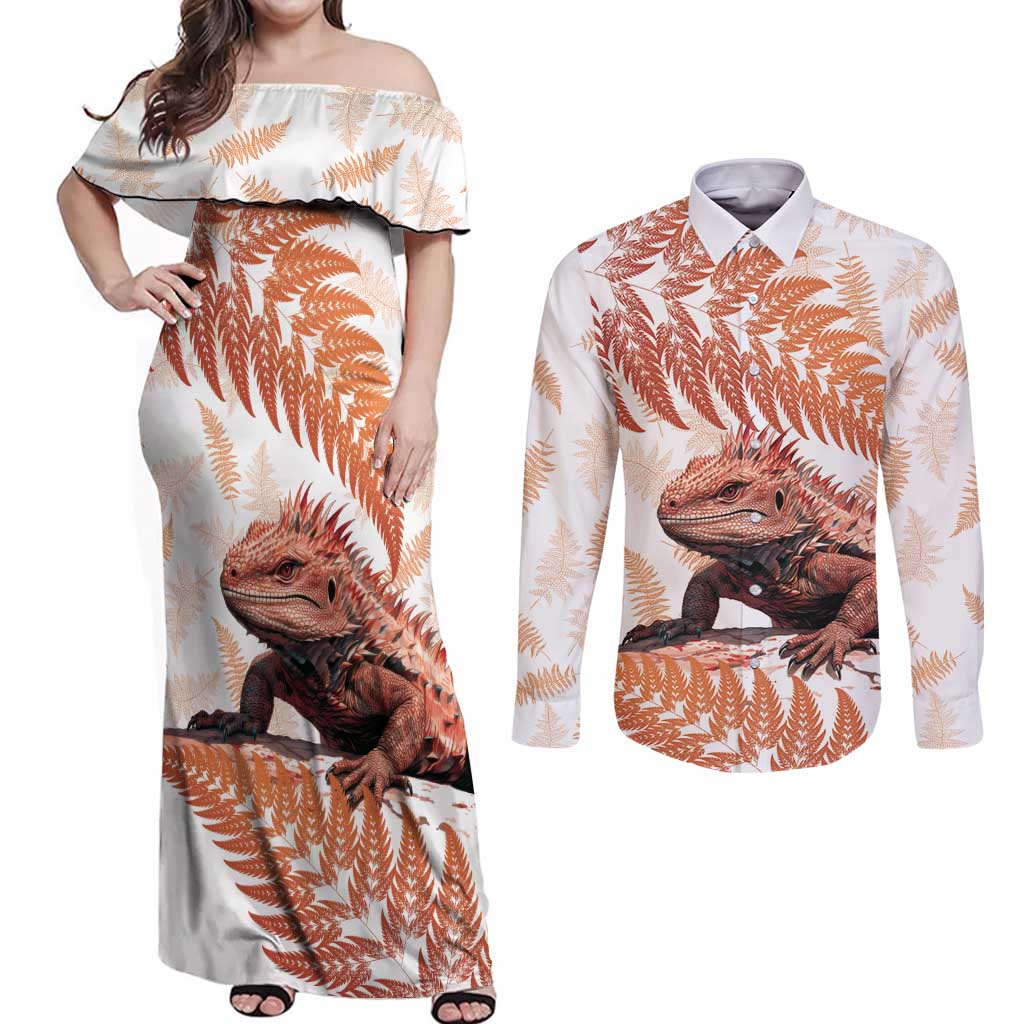 Red New Zealand Tuatara Couples Matching Off Shoulder Maxi Dress and Long Sleeve Button Shirt Aotearoa Sphenodon Punctatus Silver Fern