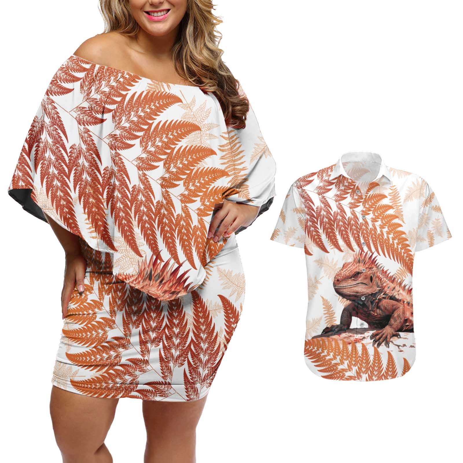 Red New Zealand Tuatara Couples Matching Off Shoulder Short Dress and Hawaiian Shirt Aotearoa Sphenodon Punctatus Silver Fern