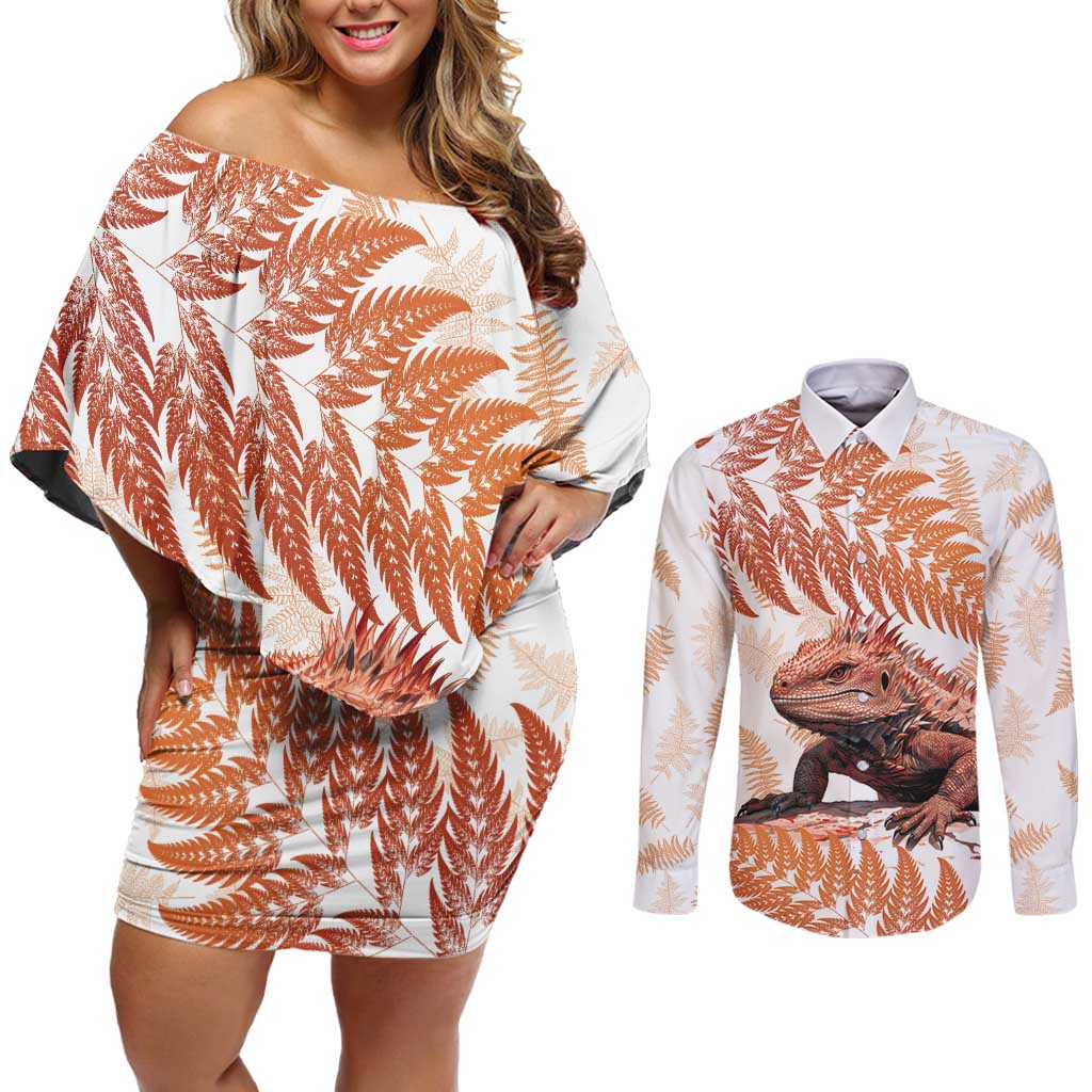 Red New Zealand Tuatara Couples Matching Off Shoulder Short Dress and Long Sleeve Button Shirt Aotearoa Sphenodon Punctatus Silver Fern