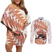 Red New Zealand Tuatara Couples Matching Off Shoulder Short Dress and Long Sleeve Button Shirt Aotearoa Sphenodon Punctatus Silver Fern