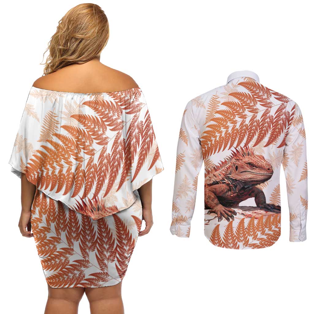 Red New Zealand Tuatara Couples Matching Off Shoulder Short Dress and Long Sleeve Button Shirt Aotearoa Sphenodon Punctatus Silver Fern