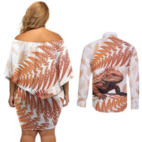 Red New Zealand Tuatara Couples Matching Off Shoulder Short Dress and Long Sleeve Button Shirt Aotearoa Sphenodon Punctatus Silver Fern
