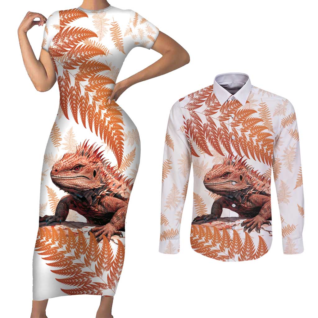 Red New Zealand Tuatara Couples Matching Short Sleeve Bodycon Dress and Long Sleeve Button Shirt Aotearoa Sphenodon Punctatus Silver Fern
