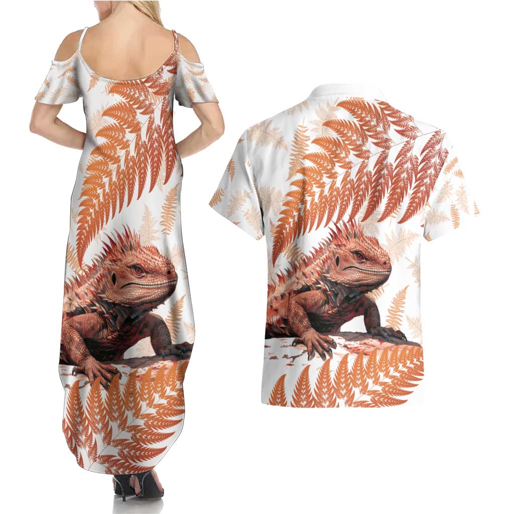Red New Zealand Tuatara Couples Matching Summer Maxi Dress and Hawaiian Shirt Aotearoa Sphenodon Punctatus Silver Fern