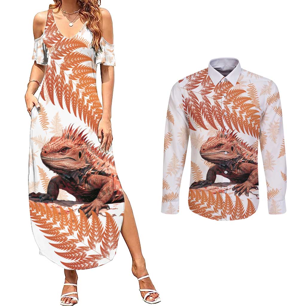 Red New Zealand Tuatara Couples Matching Summer Maxi Dress and Long Sleeve Button Shirt Aotearoa Sphenodon Punctatus Silver Fern
