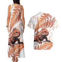 Red New Zealand Tuatara Couples Matching Tank Maxi Dress and Hawaiian Shirt Aotearoa Sphenodon Punctatus Silver Fern