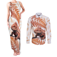 Red New Zealand Tuatara Couples Matching Tank Maxi Dress and Long Sleeve Button Shirt Aotearoa Sphenodon Punctatus Silver Fern