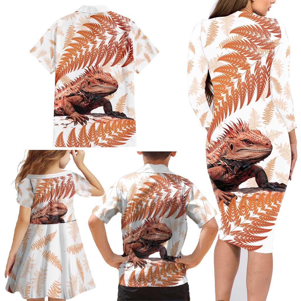 Red New Zealand Tuatara Family Matching Long Sleeve Bodycon Dress and Hawaiian Shirt Aotearoa Sphenodon Punctatus Silver Fern LT14 - Polynesian Pride