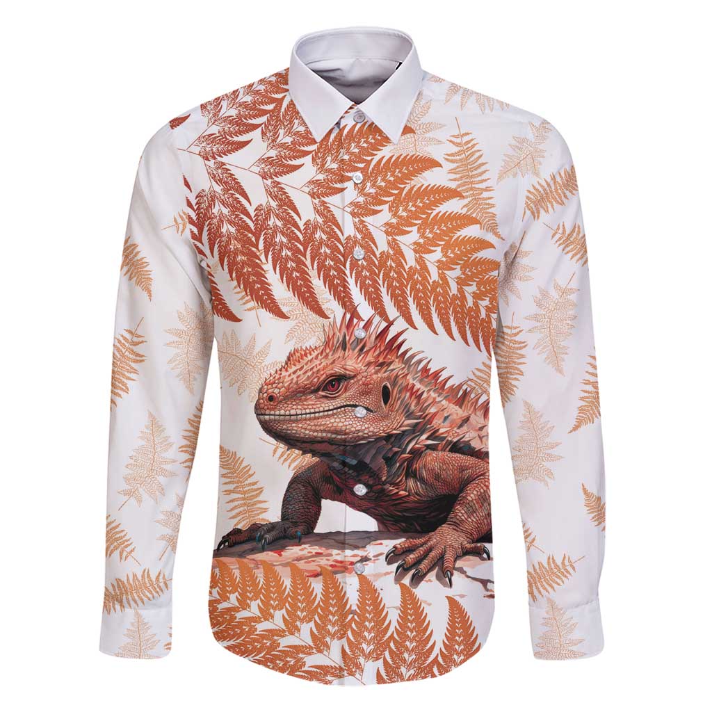 Red New Zealand Tuatara Family Matching Off Shoulder Maxi Dress and Hawaiian Shirt Aotearoa Sphenodon Punctatus Silver Fern LT14 Dad's Shirt - Long Sleeve Red - Polynesian Pride