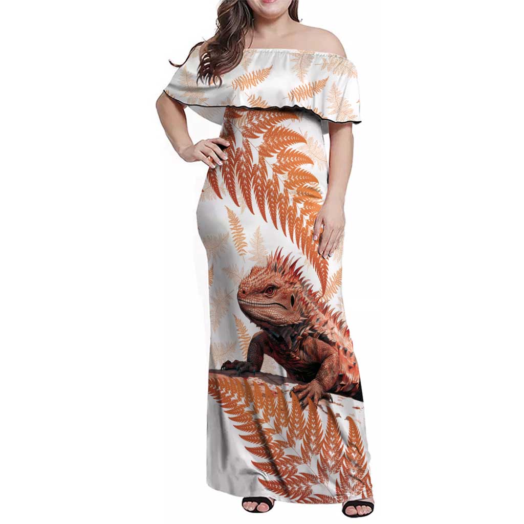 Red New Zealand Tuatara Family Matching Off Shoulder Maxi Dress and Hawaiian Shirt Aotearoa Sphenodon Punctatus Silver Fern LT14 Mom's Dress Red - Polynesian Pride