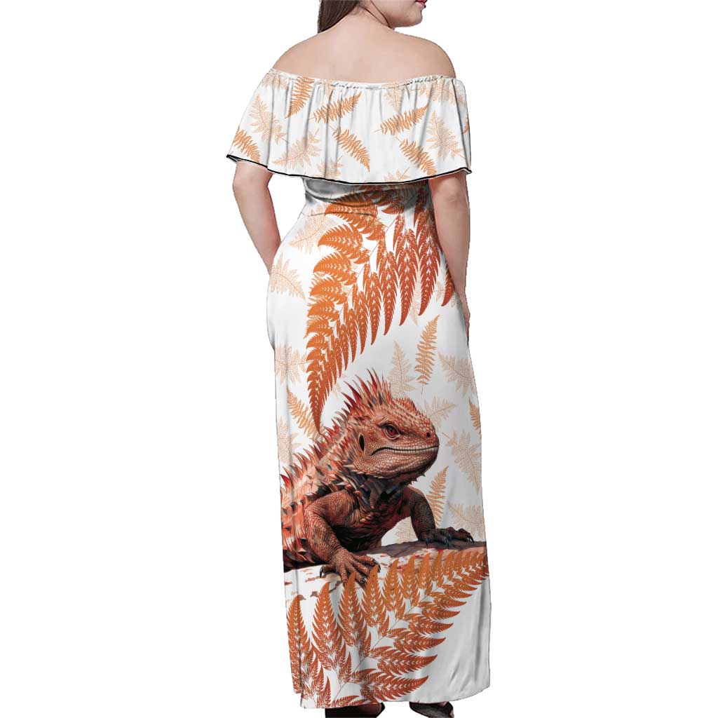 Red New Zealand Tuatara Family Matching Off Shoulder Maxi Dress and Hawaiian Shirt Aotearoa Sphenodon Punctatus Silver Fern LT14 - Polynesian Pride
