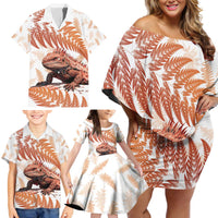 Red New Zealand Tuatara Family Matching Off Shoulder Short Dress and Hawaiian Shirt Aotearoa Sphenodon Punctatus Silver Fern LT14 - Polynesian Pride