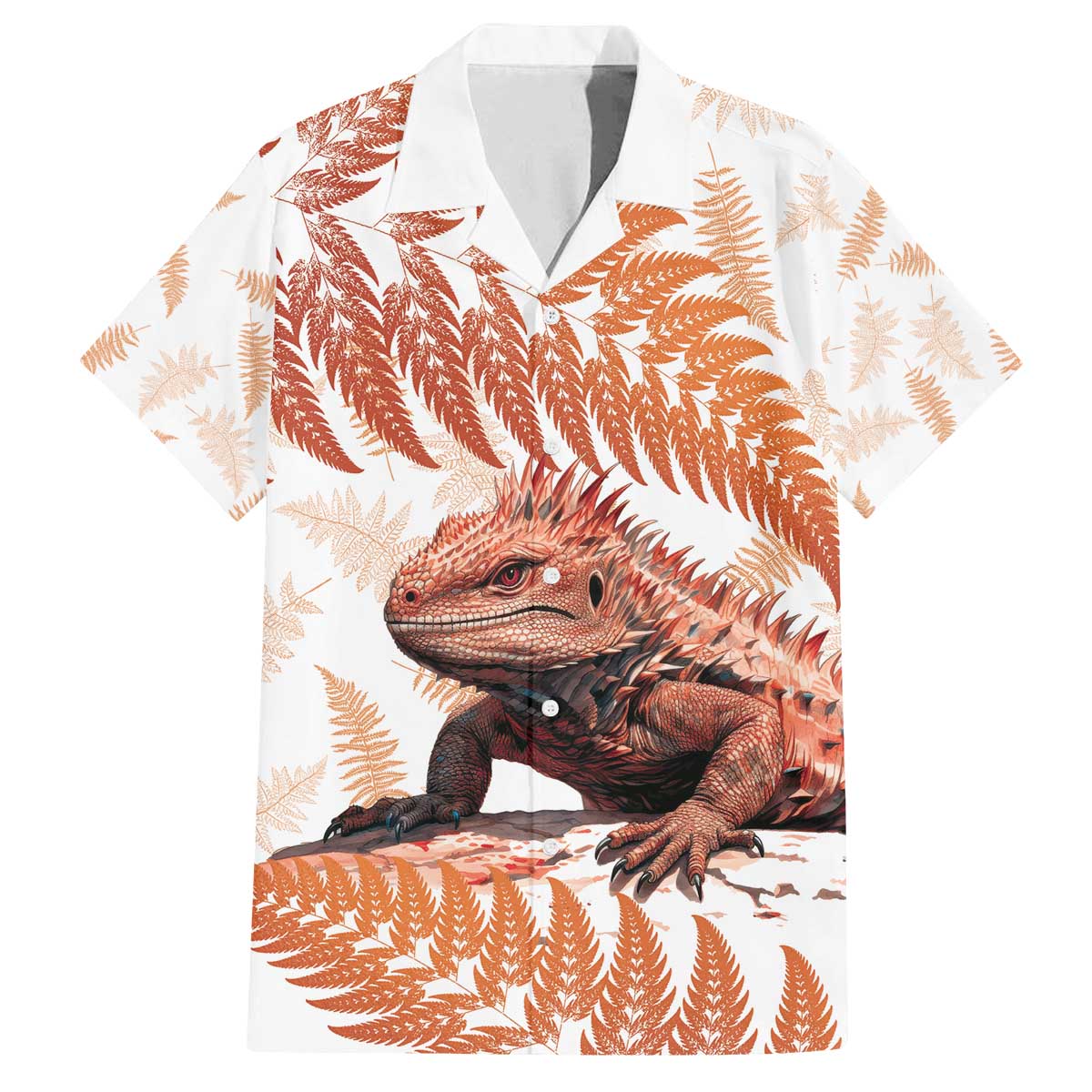 Red New Zealand Tuatara Family Matching Off Shoulder Short Dress and Hawaiian Shirt Aotearoa Sphenodon Punctatus Silver Fern LT14 Dad's Shirt - Short Sleeve Red - Polynesian Pride