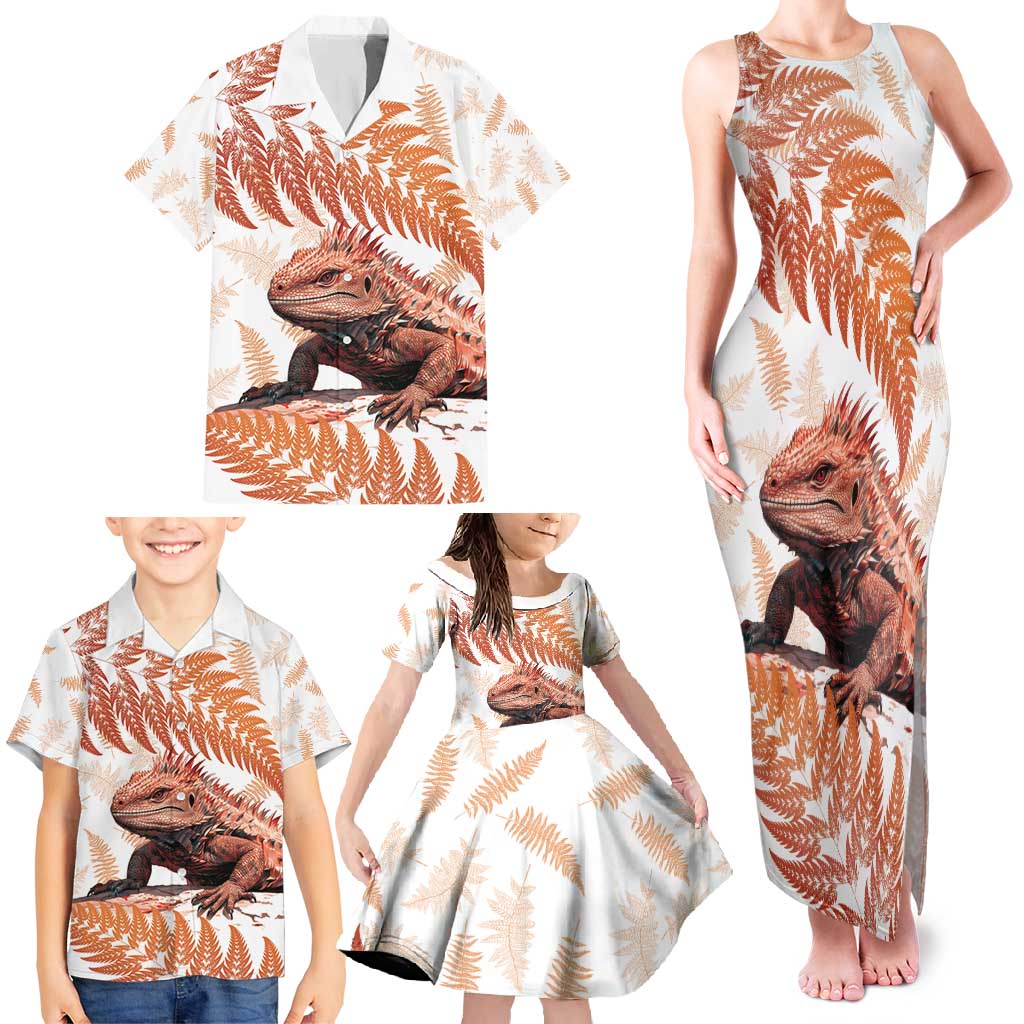 Red New Zealand Tuatara Family Matching Tank Maxi Dress and Hawaiian Shirt Aotearoa Sphenodon Punctatus Silver Fern LT14 - Polynesian Pride