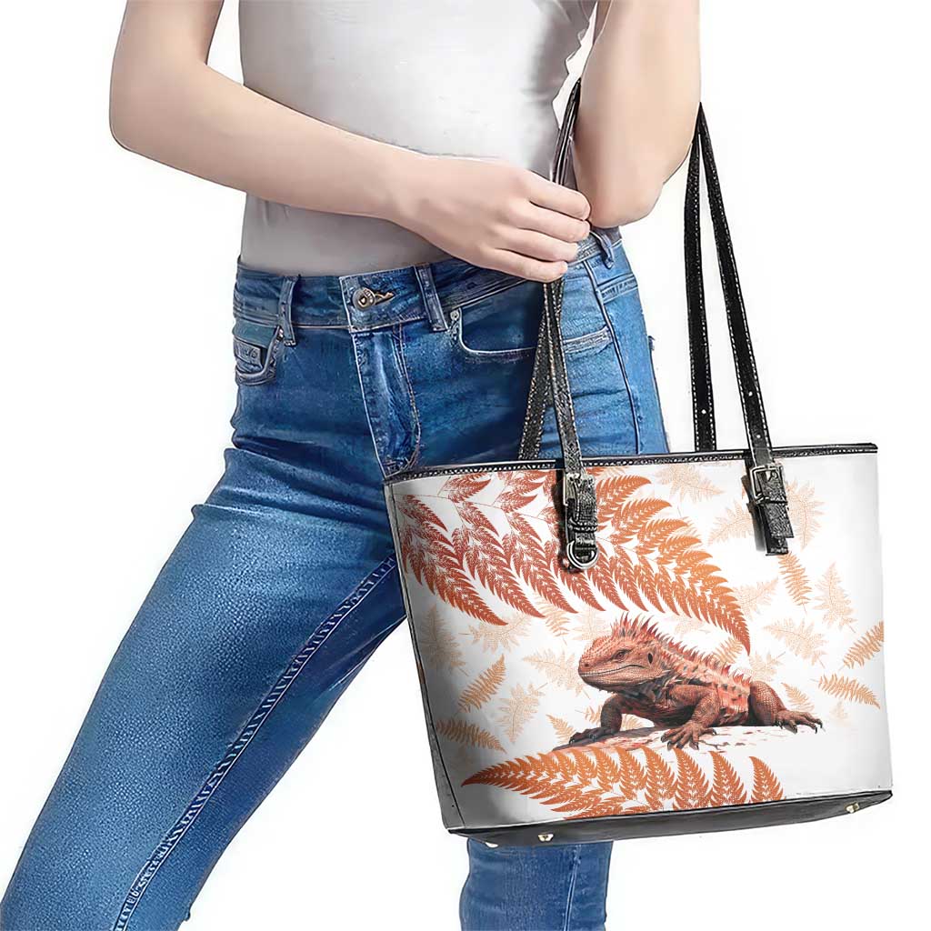 Red New Zealand Tuatara Leather Tote Bag Aotearoa Sphenodon Punctatus Silver Fern LT14 - Polynesian Pride