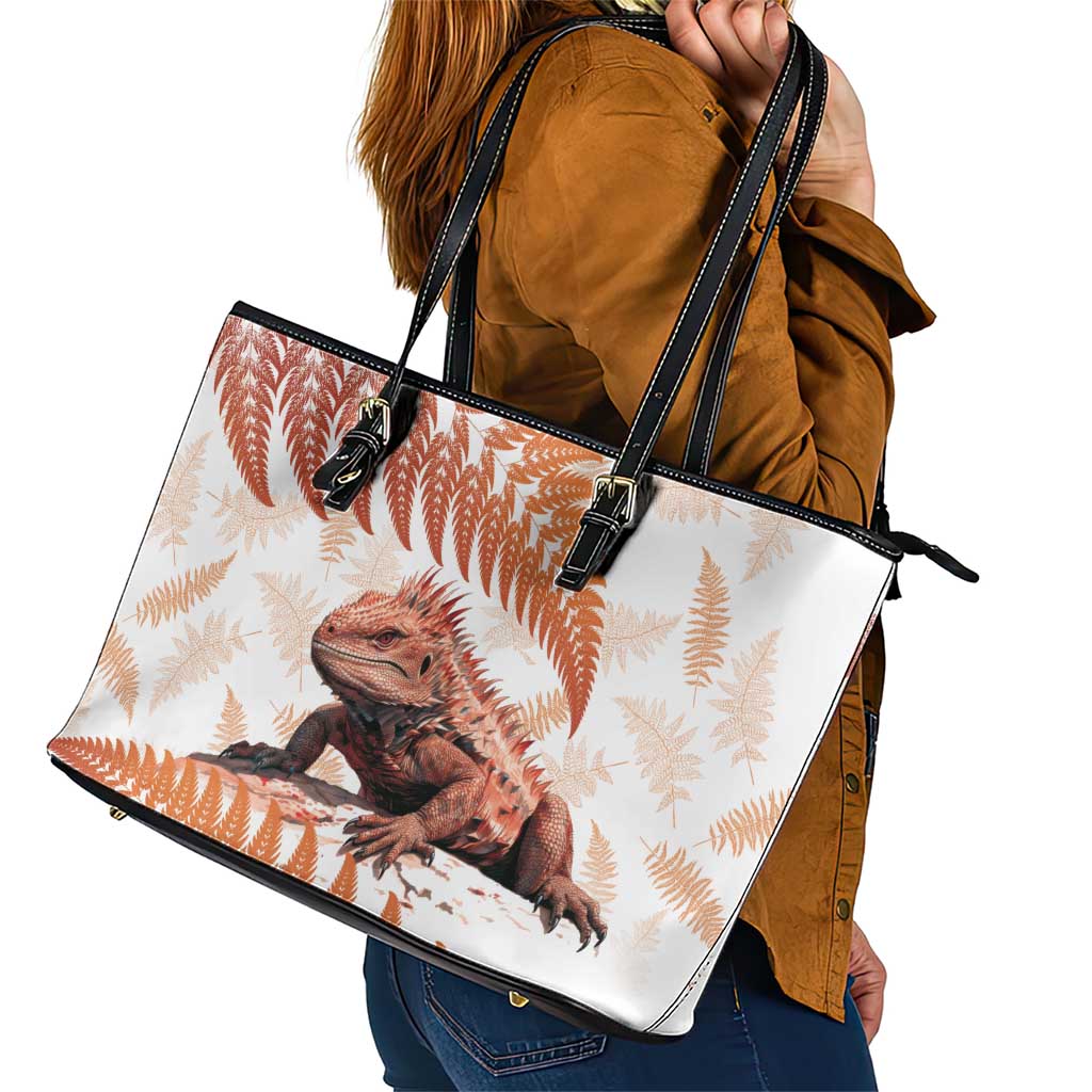 Red New Zealand Tuatara Leather Tote Bag Aotearoa Sphenodon Punctatus Silver Fern LT14 - Polynesian Pride