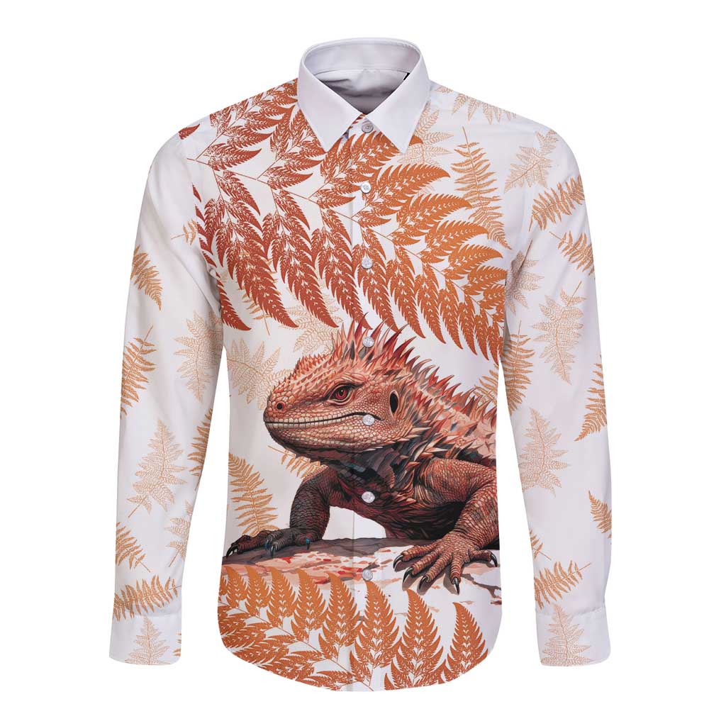 Red New Zealand Tuatara Long Sleeve Button Shirt Aotearoa Sphenodon Punctatus Silver Fern LT14 Unisex Red - Polynesian Pride