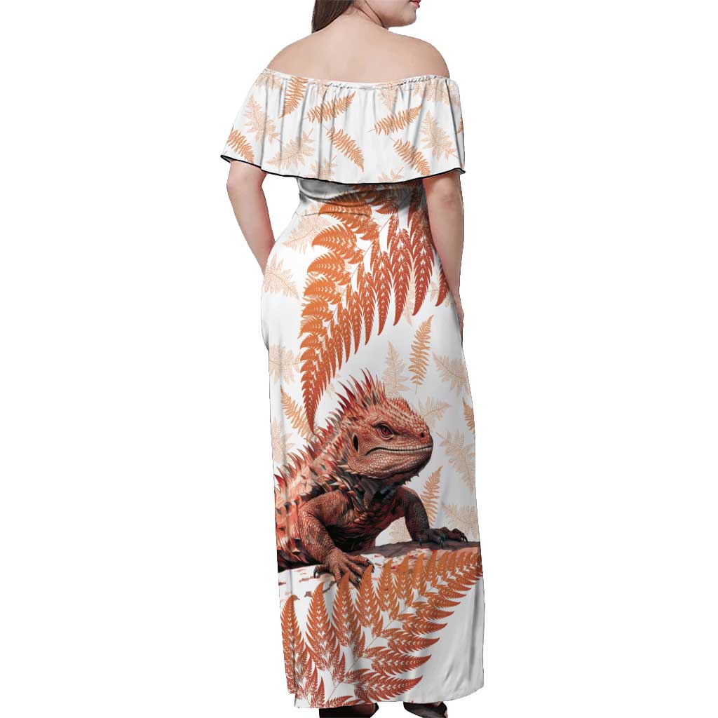 Red New Zealand Tuatara Off Shoulder Maxi Dress Aotearoa Sphenodon Punctatus Silver Fern
