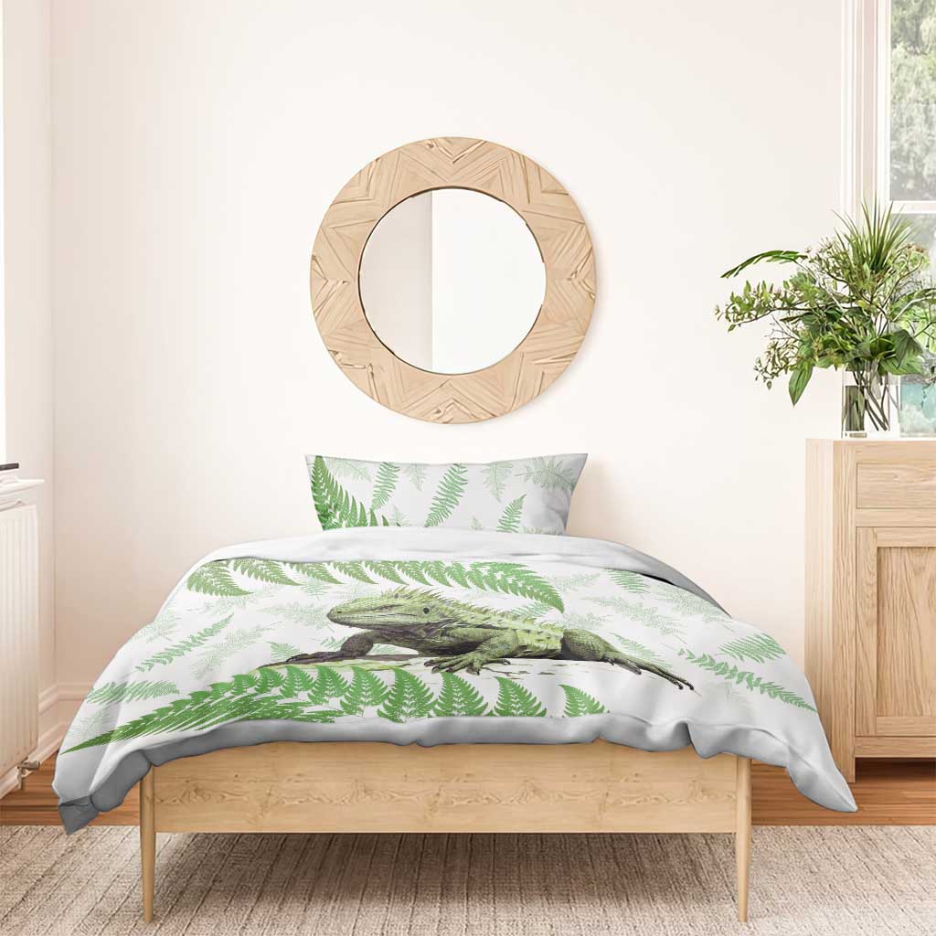 Green New Zealand Tuatara Bedding Set Aotearoa Sphenodon Punctatus Silver Fern