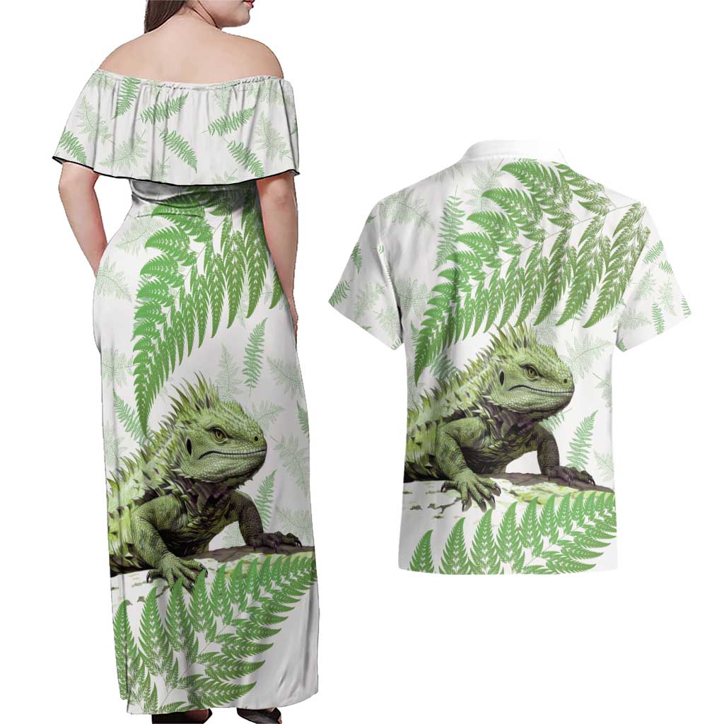Green New Zealand Tuatara Couples Matching Off Shoulder Maxi Dress and Hawaiian Shirt Aotearoa Sphenodon Punctatus Silver Fern LT14 - Polynesian Pride