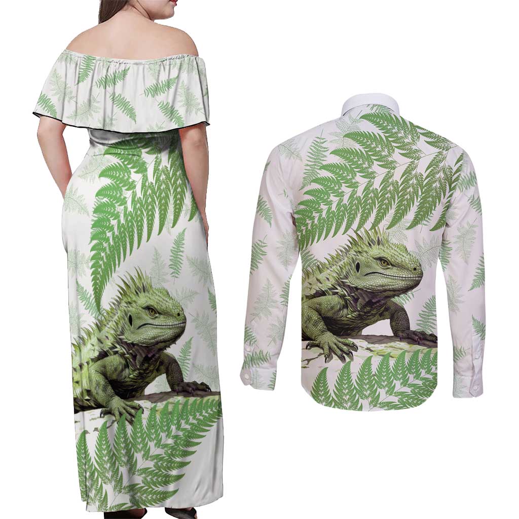 Green New Zealand Tuatara Couples Matching Off Shoulder Maxi Dress and Long Sleeve Button Shirt Aotearoa Sphenodon Punctatus Silver Fern
