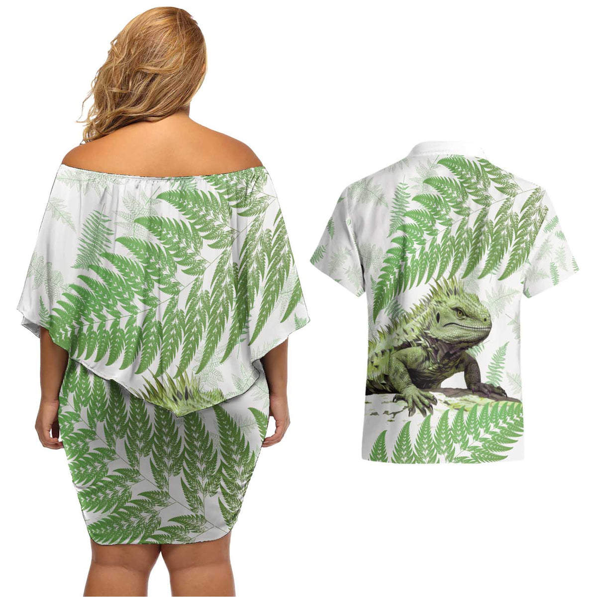 Green New Zealand Tuatara Couples Matching Off Shoulder Short Dress and Hawaiian Shirt Aotearoa Sphenodon Punctatus Silver Fern