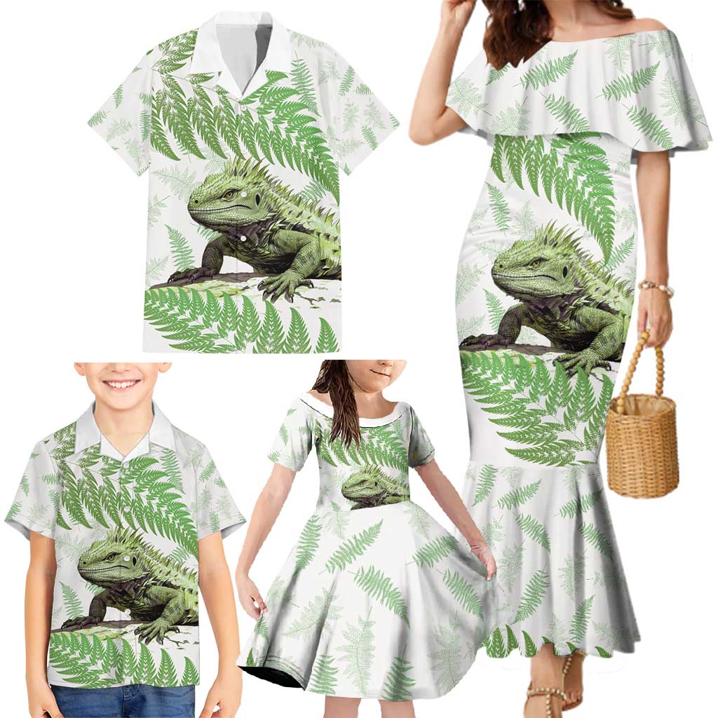 Green New Zealand Tuatara Family Matching Mermaid Dress and Hawaiian Shirt Aotearoa Sphenodon Punctatus Silver Fern LT14 - Polynesian Pride