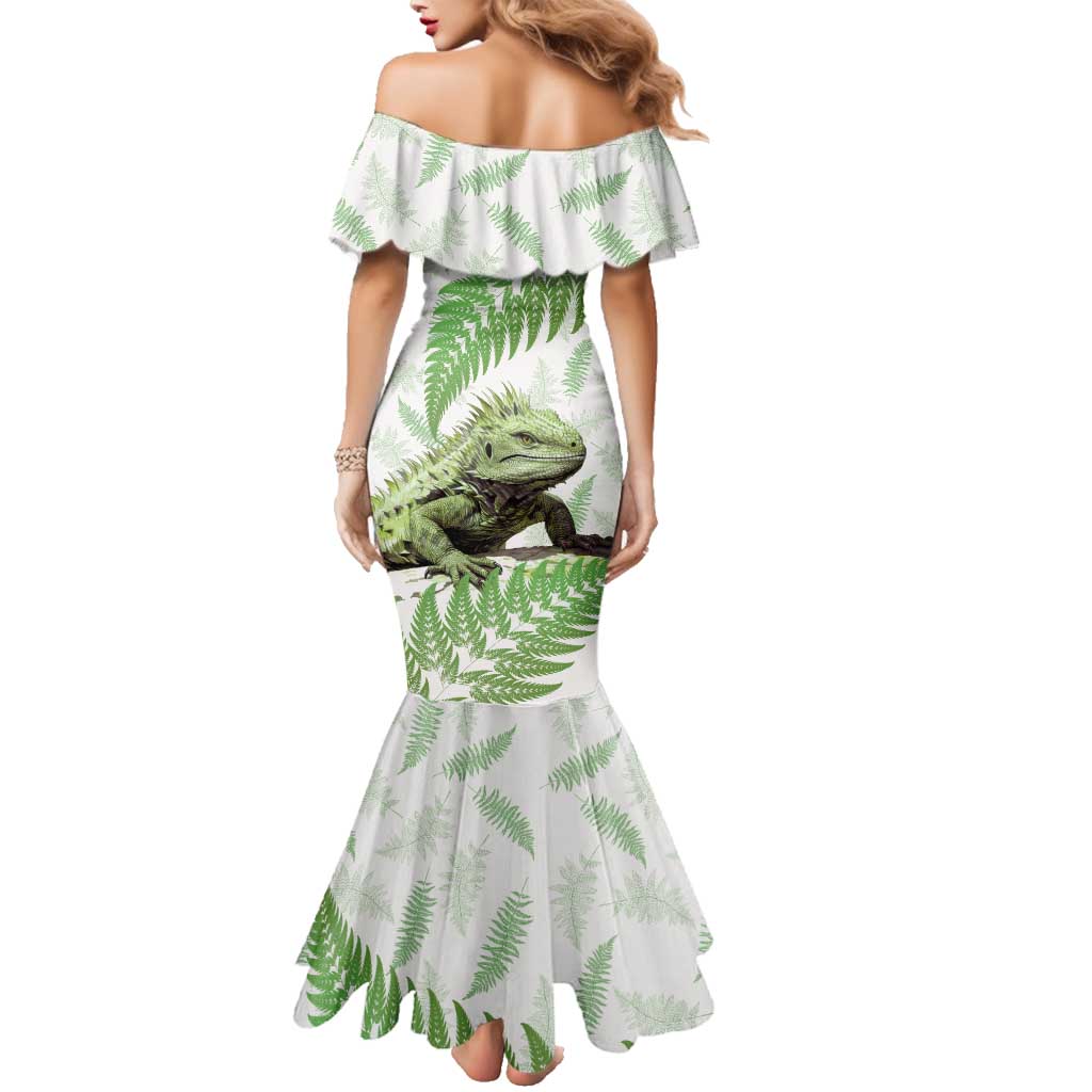 Green New Zealand Tuatara Family Matching Mermaid Dress and Hawaiian Shirt Aotearoa Sphenodon Punctatus Silver Fern LT14 - Polynesian Pride