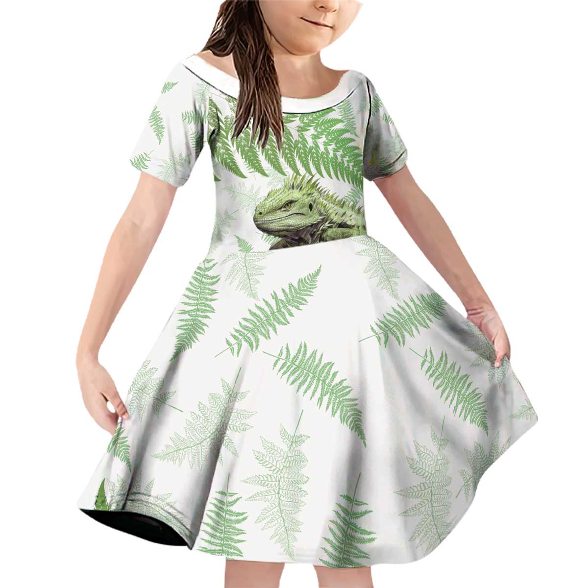 Green New Zealand Tuatara Family Matching Off Shoulder Short Dress and Hawaiian Shirt Aotearoa Sphenodon Punctatus Silver Fern LT14 Daughter's Dress Green - Polynesian Pride