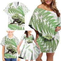Green New Zealand Tuatara Family Matching Off Shoulder Short Dress and Hawaiian Shirt Aotearoa Sphenodon Punctatus Silver Fern LT14 - Polynesian Pride