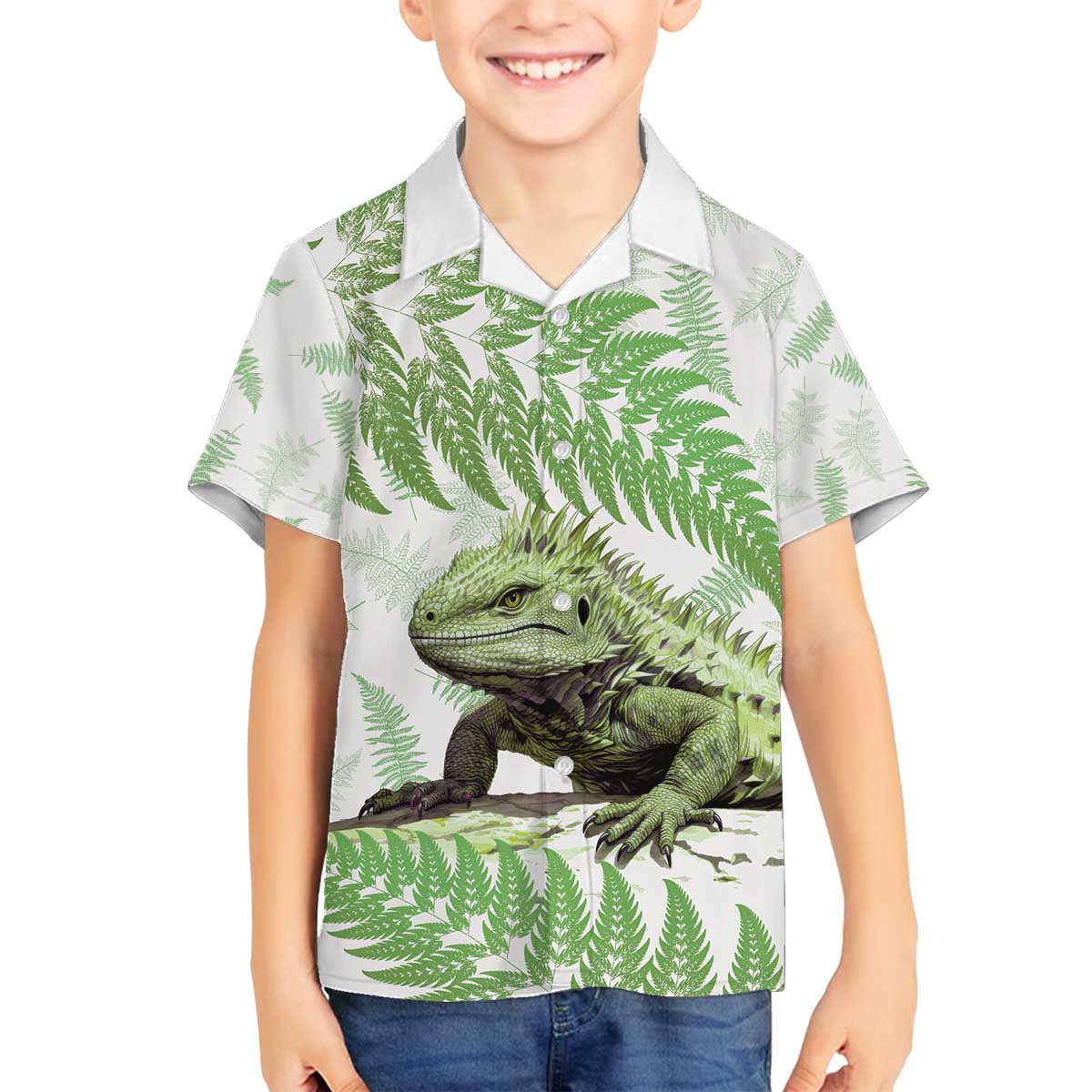 Green New Zealand Tuatara Family Matching Off Shoulder Short Dress and Hawaiian Shirt Aotearoa Sphenodon Punctatus Silver Fern LT14 Son's Shirt Green - Polynesian Pride