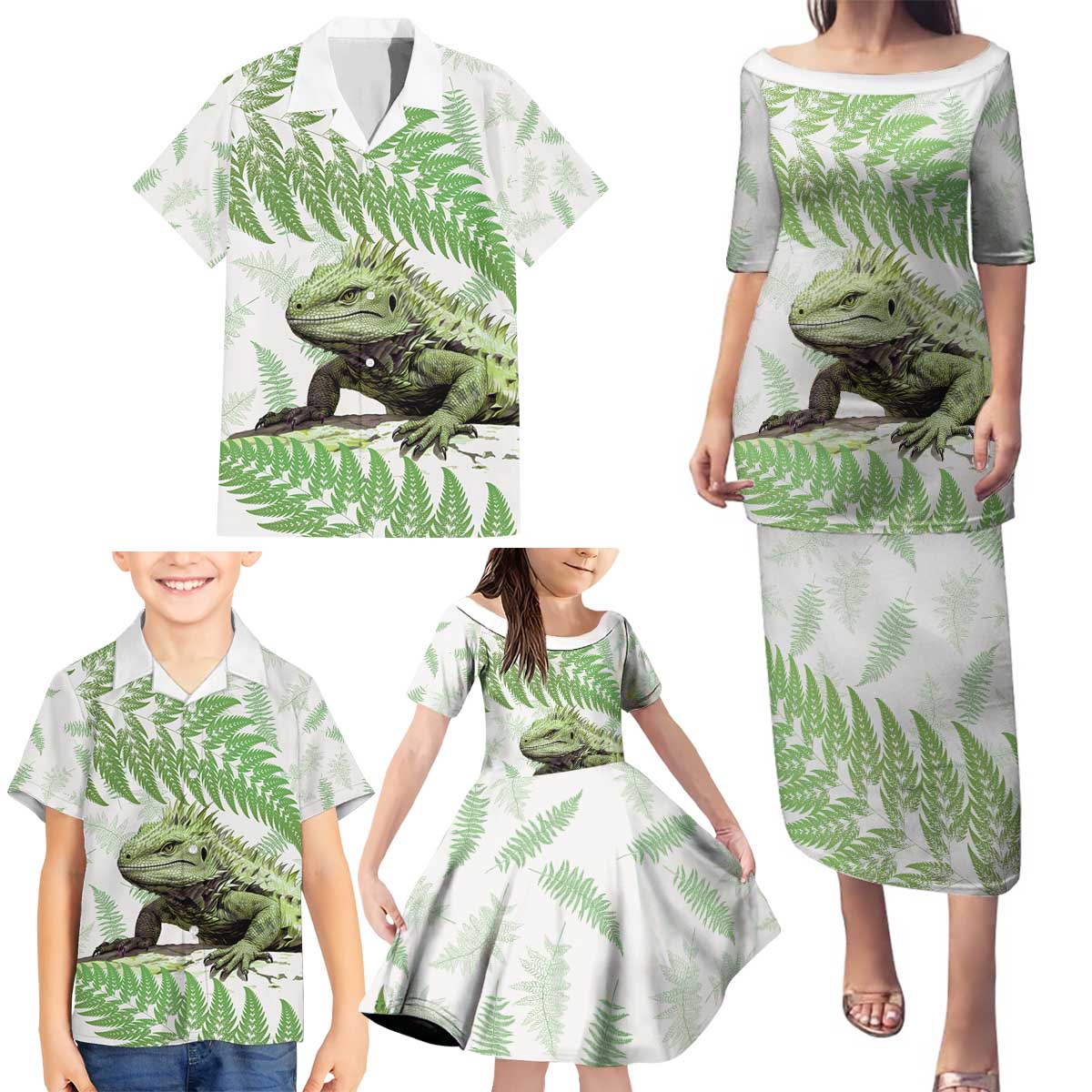 Green New Zealand Tuatara Family Matching Puletasi and Hawaiian Shirt Aotearoa Sphenodon Punctatus Silver Fern LT14 - Polynesian Pride
