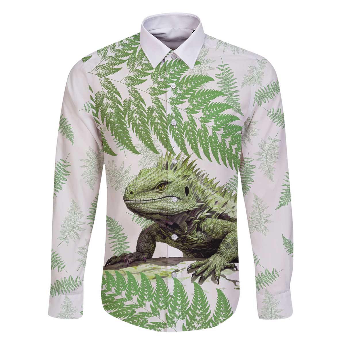 Green New Zealand Tuatara Family Matching Puletasi and Hawaiian Shirt Aotearoa Sphenodon Punctatus Silver Fern LT14 Dad's Shirt - Long Sleeve Green - Polynesian Pride