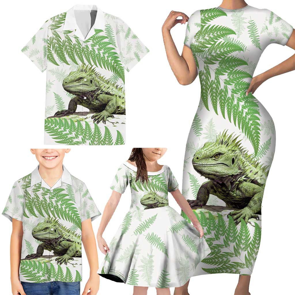 Green New Zealand Tuatara Family Matching Short Sleeve Bodycon Dress and Hawaiian Shirt Aotearoa Sphenodon Punctatus Silver Fern LT14 - Polynesian Pride