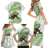 Green New Zealand Tuatara Family Matching Short Sleeve Bodycon Dress and Hawaiian Shirt Aotearoa Sphenodon Punctatus Silver Fern LT14 - Polynesian Pride